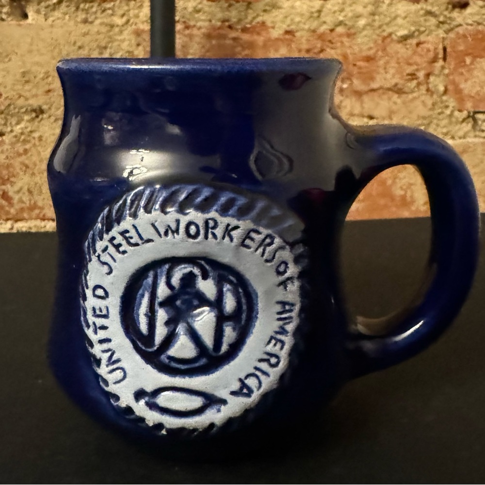 Vintage Handmade Blue Ceramic Mug United Steelworkers of America